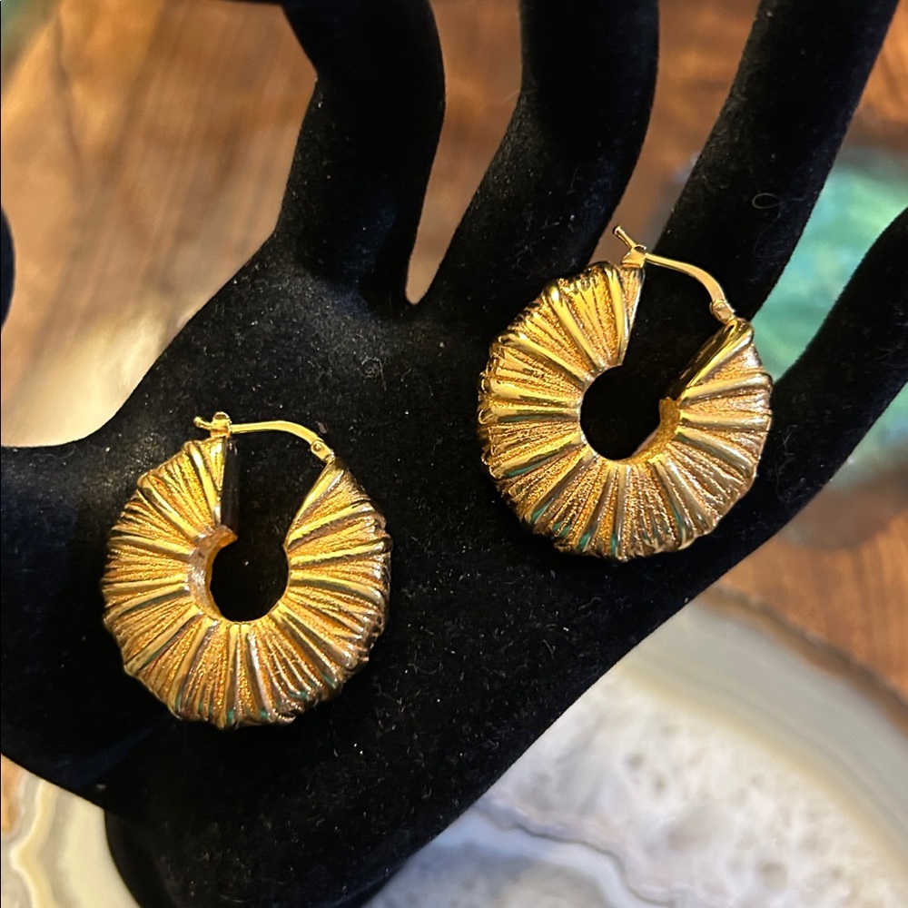 LR Bronze Italy Gold Tone Earrings with black drawstring dust bag, 1 1/4” - Picture 2 of 6